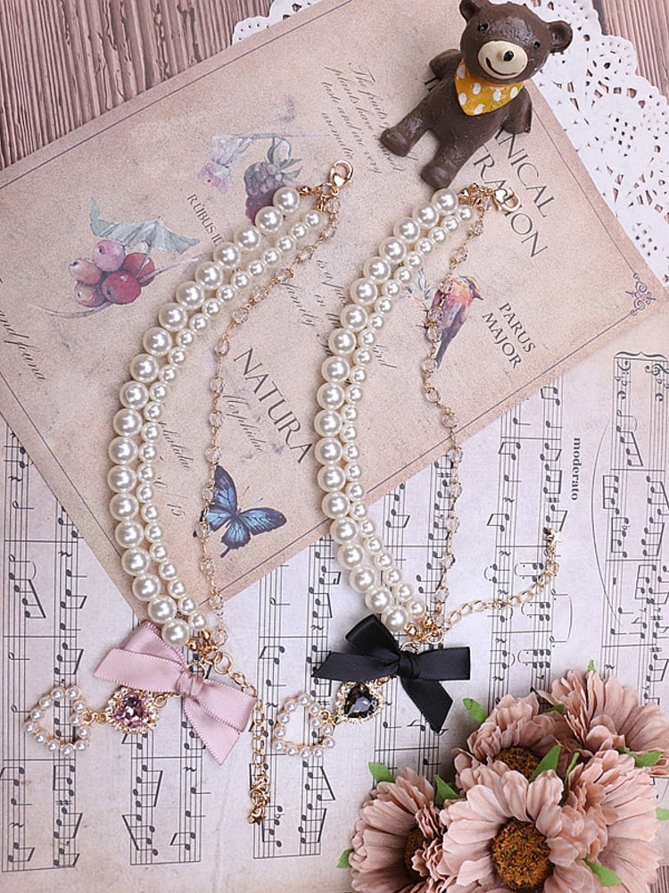 Black / Three-Layer Kei Rhinestone Chain Pink Bracelet Heart Jirai Pearl