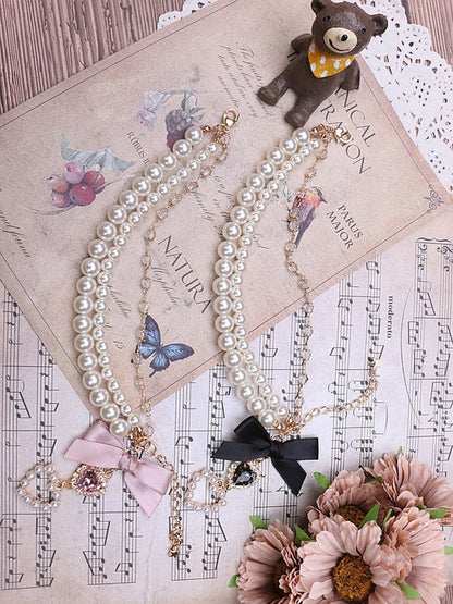 Black / Three-Layer Kei Rhinestone Chain Pink Bracelet Heart Jirai Pearl