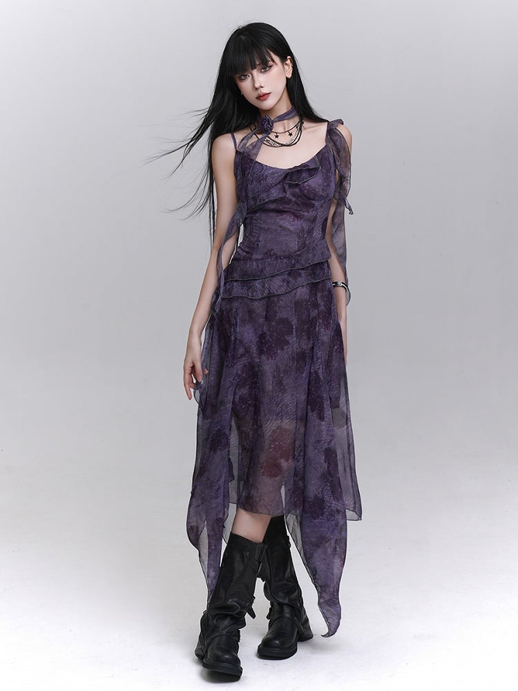 Flowing Strap Dress Matching Purple Handkerchief Neck Gothic Tie-Dye Hem with Ribbons Slip