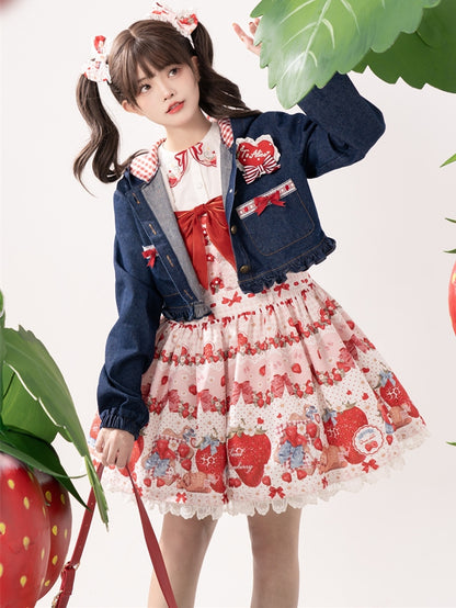 Navy Blue Heart Applique Bunny Ear Hooded Denim Short Jacket Ruffle Hem