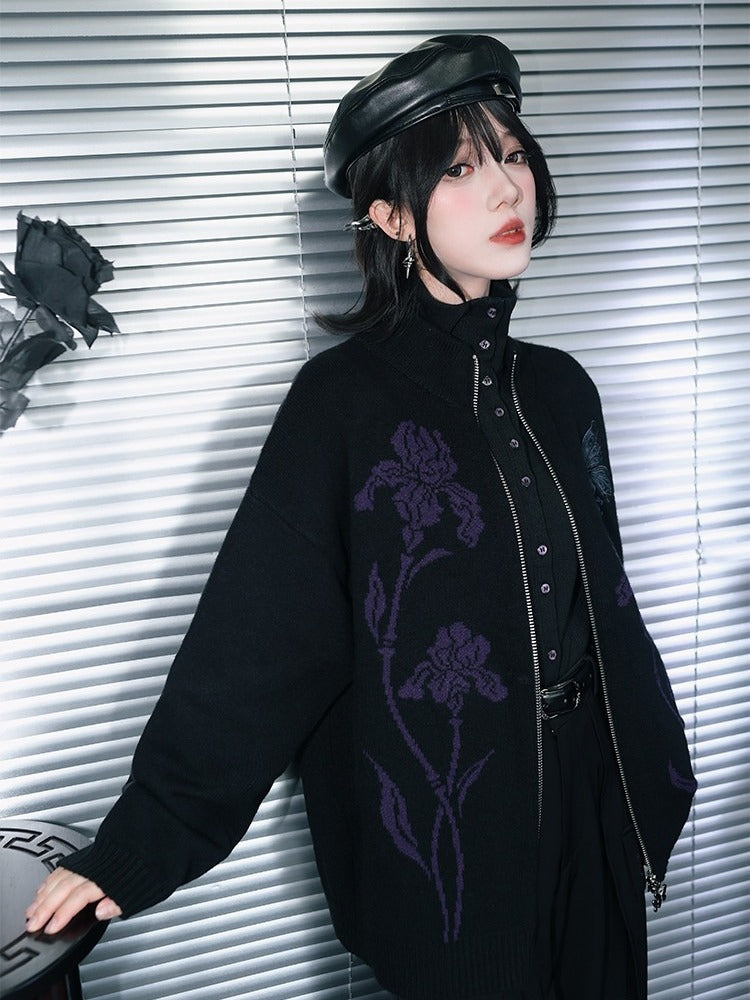 Iris Pattern Gothic Black Double Zipper Sweater Jacket - Quirky Hut