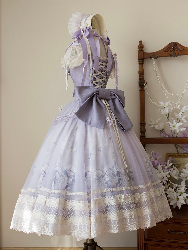 Klassischer Langer Rock Lolita Dekoration + Jasmine Top Print Set Lila Korsett Floral