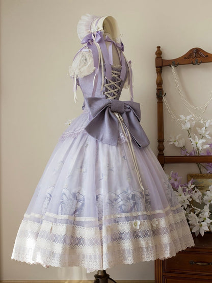 Klassischer Langer Rock Lolita Dekoration + Jasmine Top Print Set Lila Korsett Floral