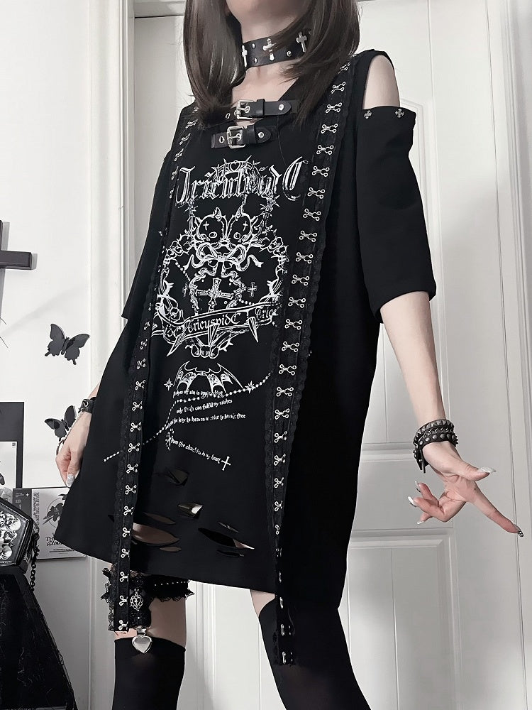 with Sleeve White Lace Straps Shoudler Drop Gothic Cross Short Black Trimmed Print T-shirt