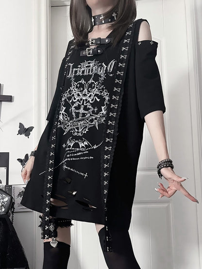 with Sleeve White Lace Straps Shoudler Drop Gothic Cross Short Black Trimmed Print T-shirt