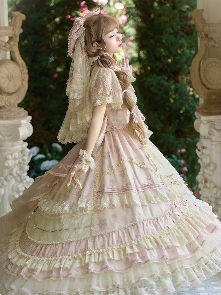 Refined Pink Lace-Trim Floral Embroidered Lolita Dress with Bow Train - Mademoiselle Pearl