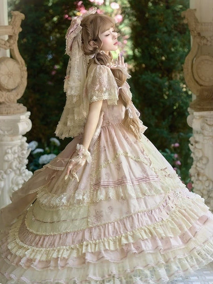 Refined Pink Lace-Trim Floral Embroidered Lolita Dress with Bow Train - Mademoiselle Pearl