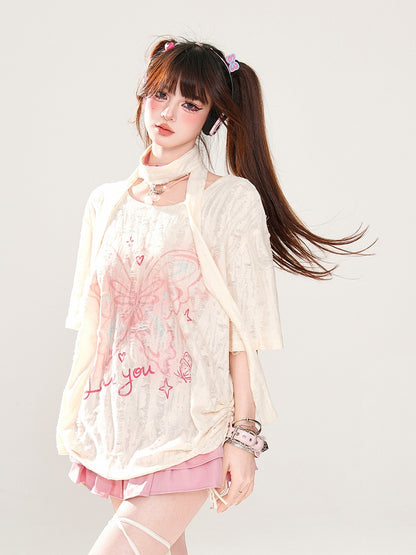 with Butterfly Print Distressed Holes Asymmetrical Apricot T-Shirt Neckline Free Scarf