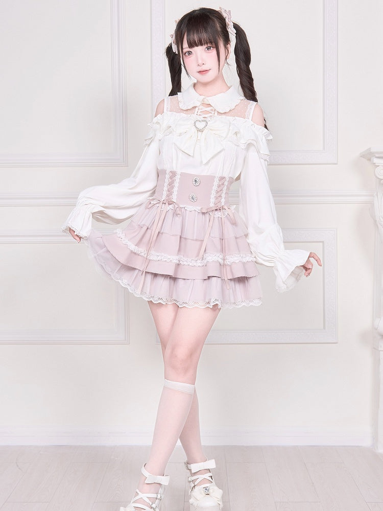 Kei Bluse Ärmel Kalte Schulter Ausschnitt Weiß Lang mit Jirai Illusion Top