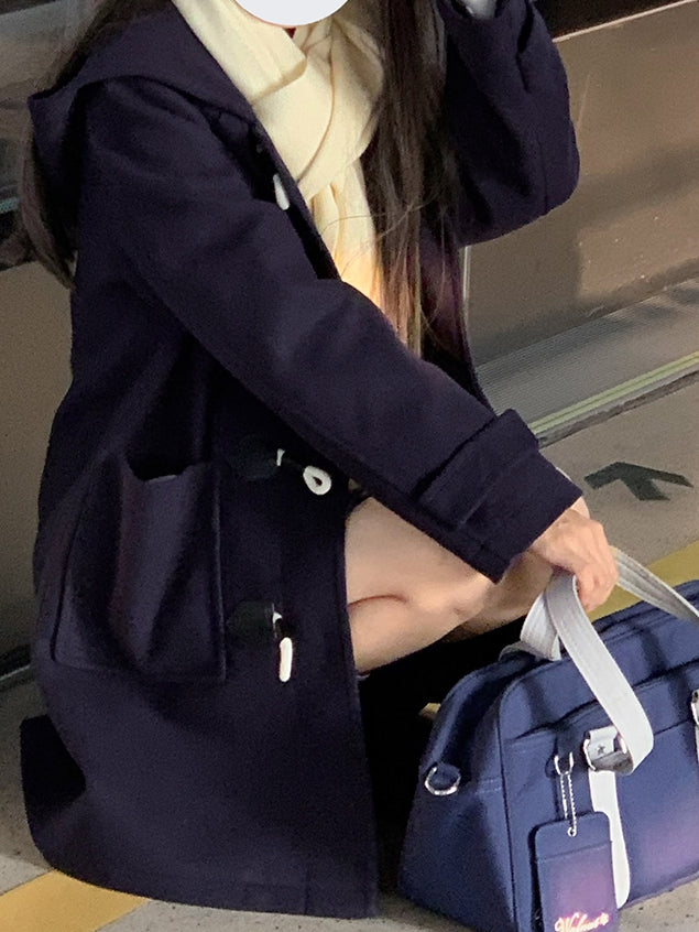in Duffle Coat Blue Style JK Uniform Hooded Navy Preppy