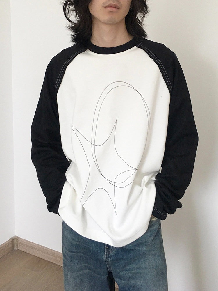 Black & White Long Sleeve Round Neck Top with Line Print - innomoood