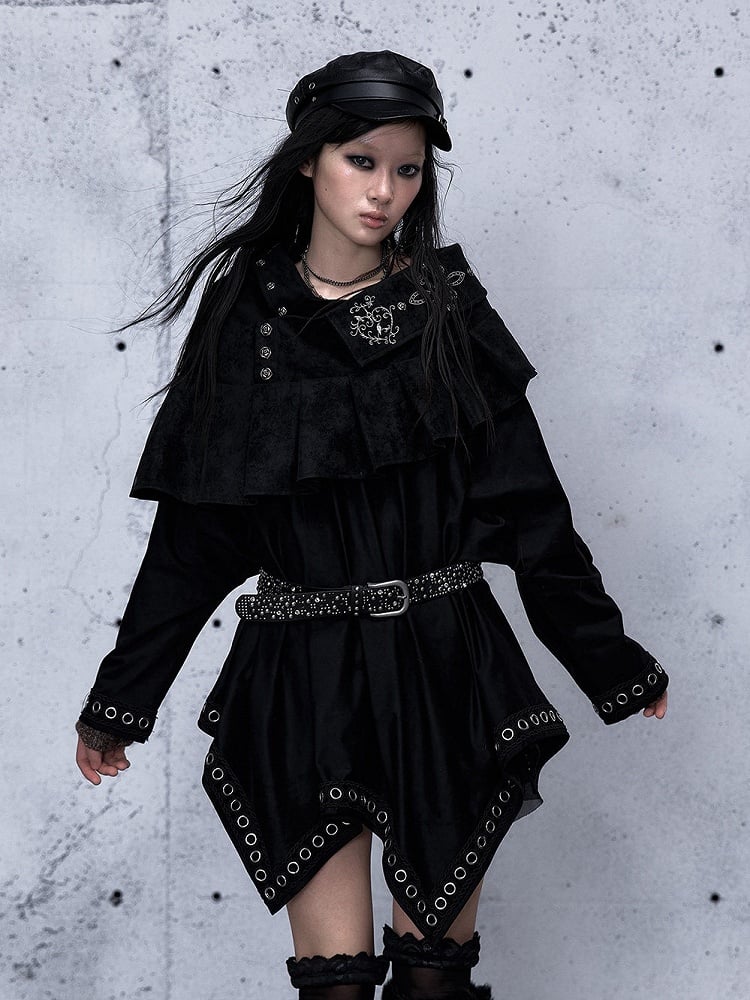 Black Asymmetrical Zipper Side Stud Skirt with 2-Way Grommet Rock Punk Accents Closure Tiered