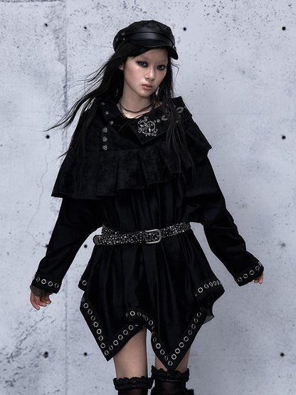 Black Asymmetrical Zipper Side Stud Skirt with 2-Way Grommet Rock Punk Accents Closure Tiered