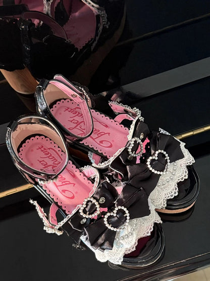 Beaded - Sandals Black Platform Showa-style Buckles Wedge Heart