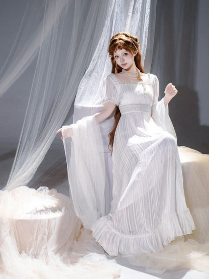 White Square Neckline Empire Dress Lolita OP with Bead Details - sanshanjiu