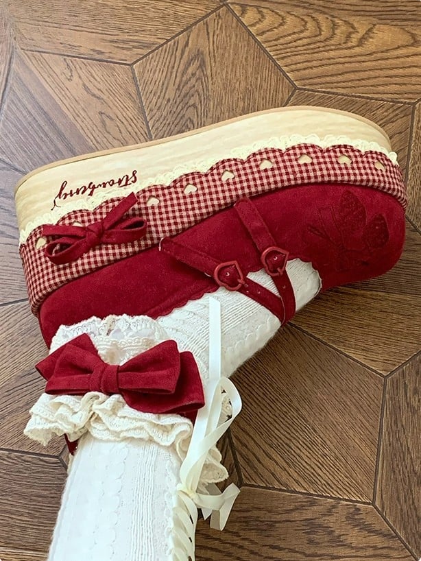 Lolita Strap at Closures - Trimmed Red Platforms Lace Ankle Strawberry Sweet Velcro