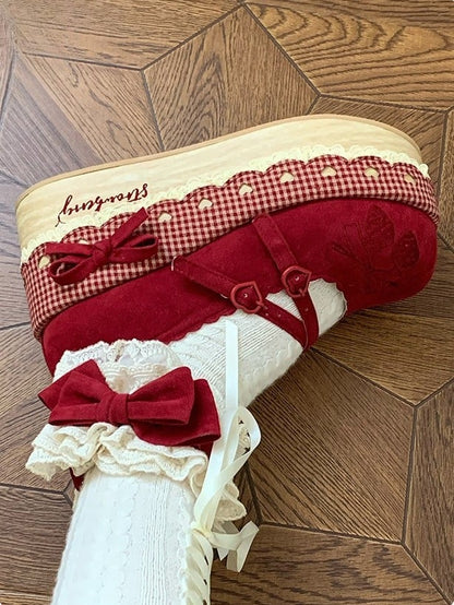Lolita Strap at Closures - Trimmed Red Platforms Lace Ankle Strawberry Sweet Velcro