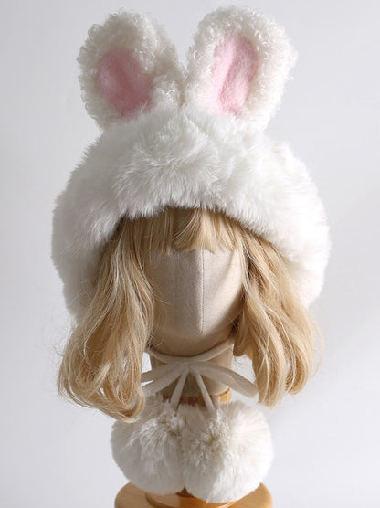 White Sweet Lolita Bunny Ears Plush Hat With Pompons