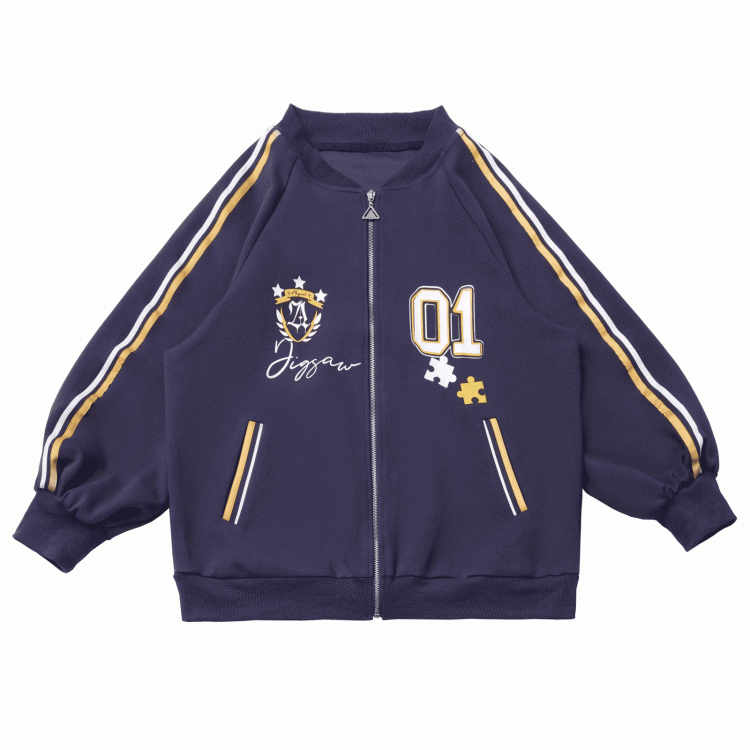 Dark Patch Style Blokette Core Zip-Up Shield Blue with | '01' Print Preppy Number Jacket
