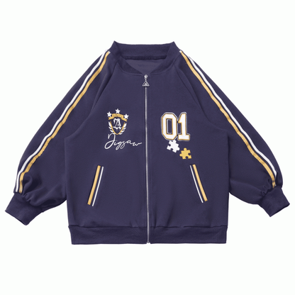 Dark Patch Style Blokette Core Zip-Up Shield Blue with | '01' Print Preppy Number Jacket