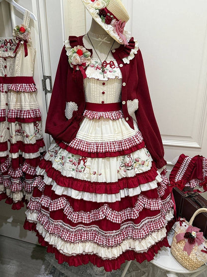White Strawberry Dress Embroidery Red Ruffles Layered Sweet with Lolita