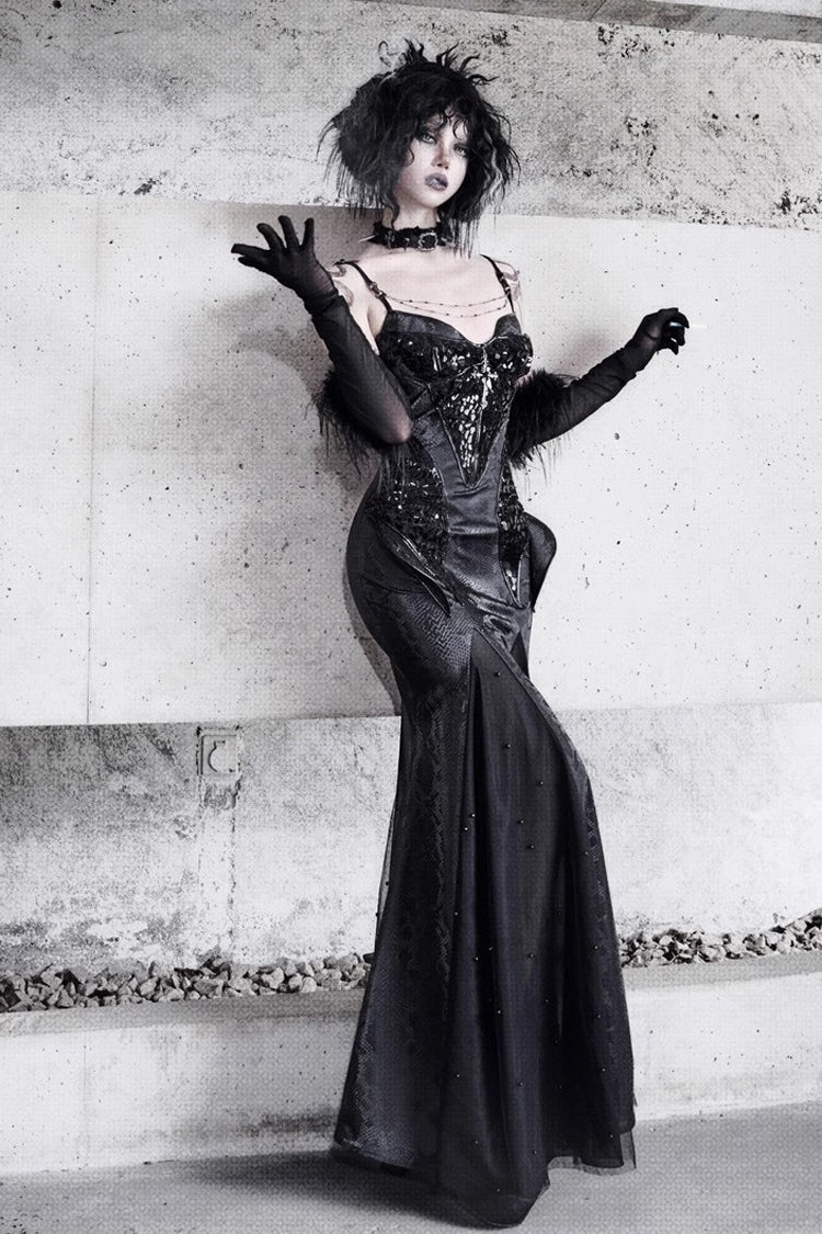 Black Sleeveless Print Stitching Slim Gothic Jsk Dress