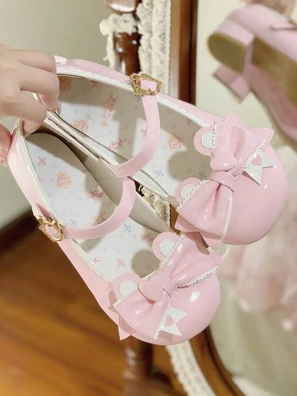 in Bear Closure Lolita Pink Ear Low-heel with PU Top Mary Bow Sweet Teddy Janes
