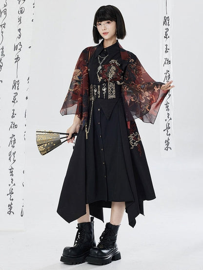 Asymmetrical Dragon Embroidery Long Dress - Qing Tang Original