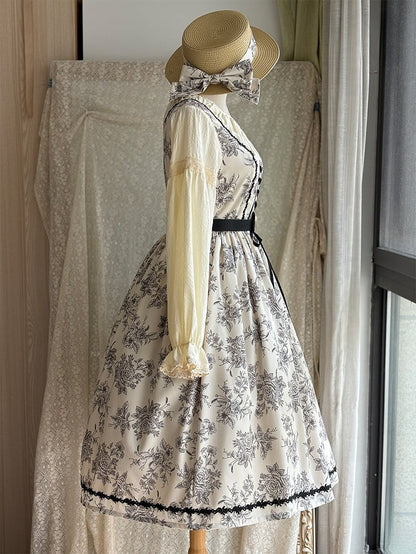 Beige & Black Rosette Print Long-sleeved Elegant Classic Lolita Dress