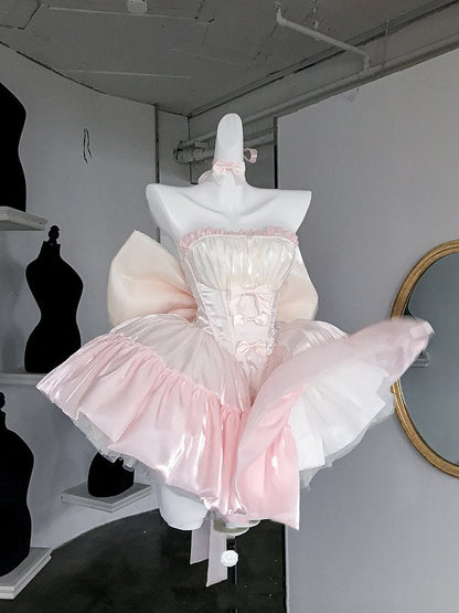 Dress Yellow Pink Lolita Bodice Details Balletcore Hime Bowknot on Strapless and
