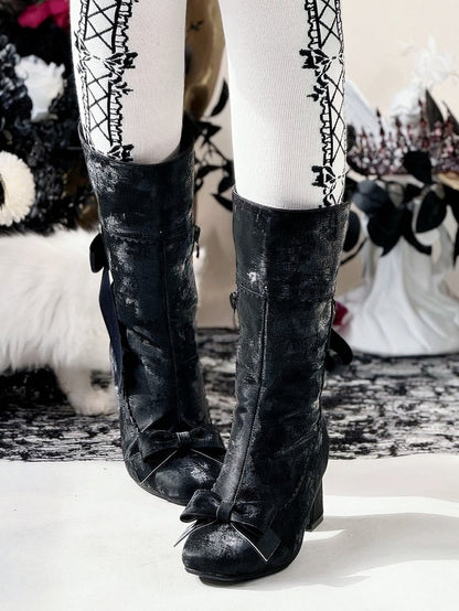 Rear High - Scalloped Foldable Lacing Cuff Elegant Black Block with Ankle Lolita Boots Heel Edging