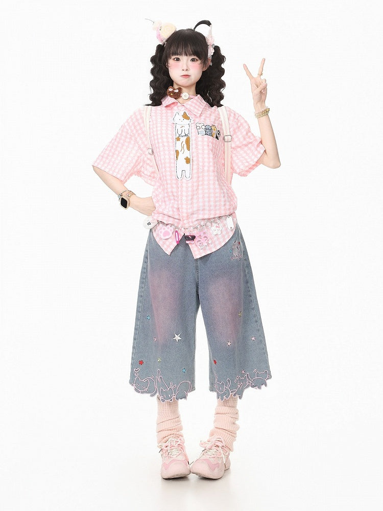 Daily Kawaii Light Blue Kitty & Star Embroidery Wide-Leg Cropped Jeans - Languid Park