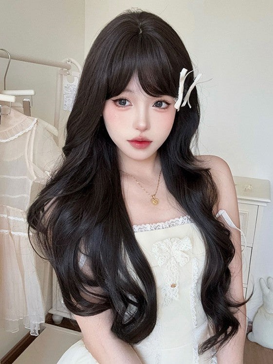 Perücke mit Länge 71 cm, luftbraun, gewellter Pony, dunkel