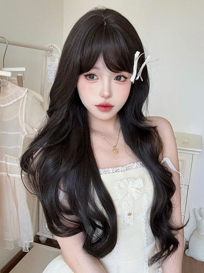 Perücke mit Länge 71 cm, luftbraun, gewellter Pony, dunkel