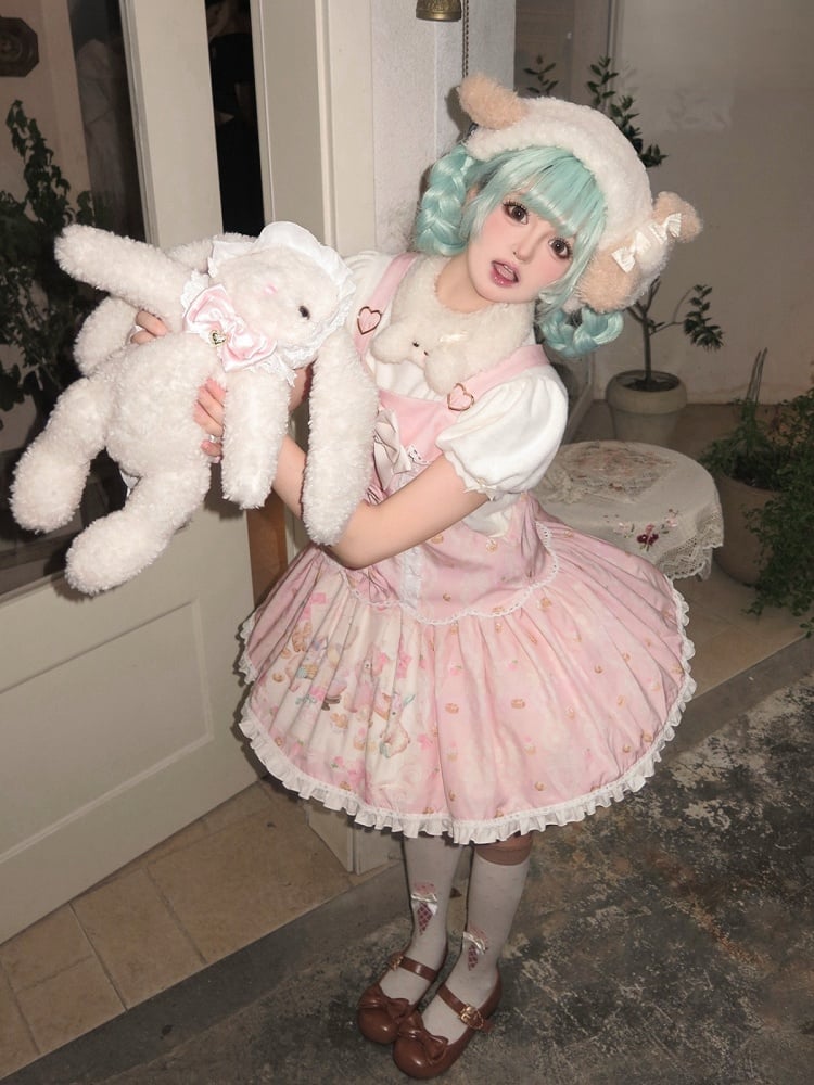 Pink Bear & Strawberry Print Adjustable-Strap Jumper Dress - Honey Village