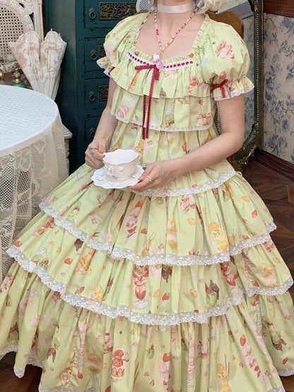 グリーンプリントフルーツサマーパフェトップス半袖