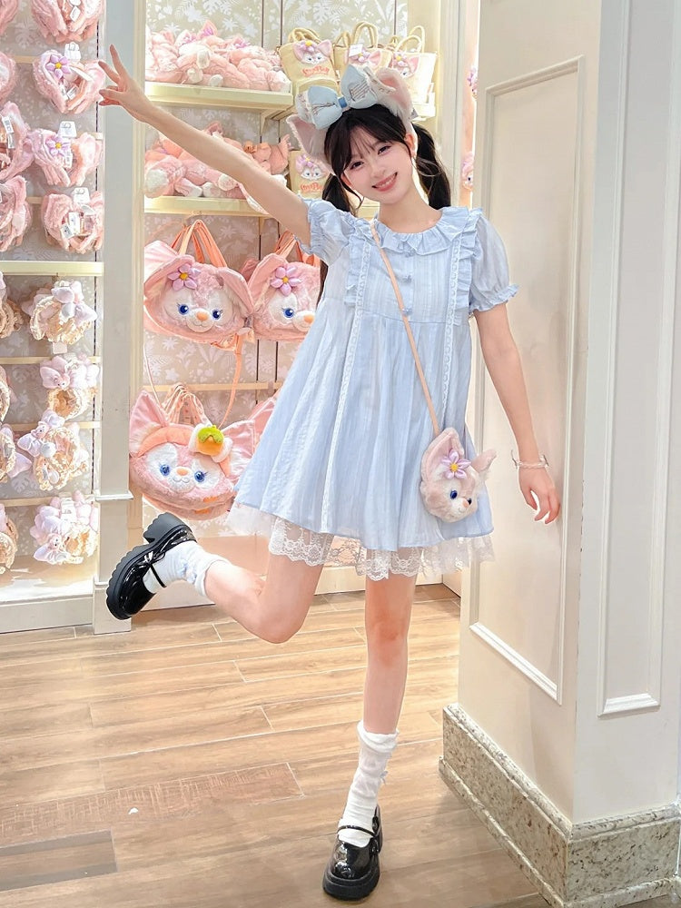 Kleid Hellblau Rüschenkragen Puffärmel Süß