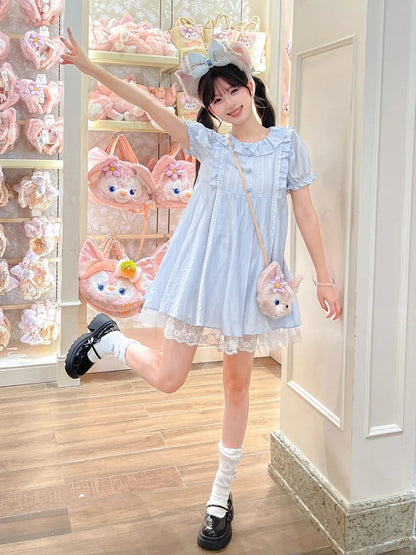 Kleid Hellblau Rüschenkragen Puffärmel Süß