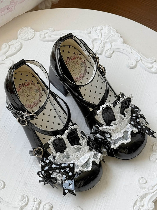 Decor Shoes Bows Sweet 6.5cm Heeled Heart Snap Bunny Lolita with - Theme Black