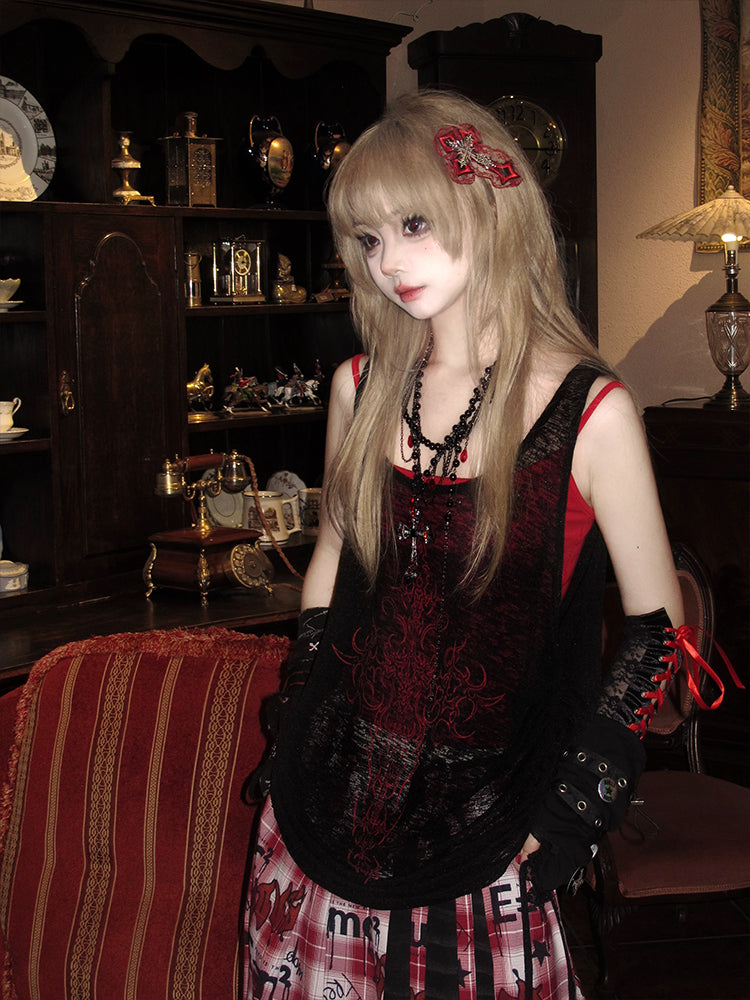 Tank Cross Black Print Red Adjustable with Drawstrings Top Semi-Sheer