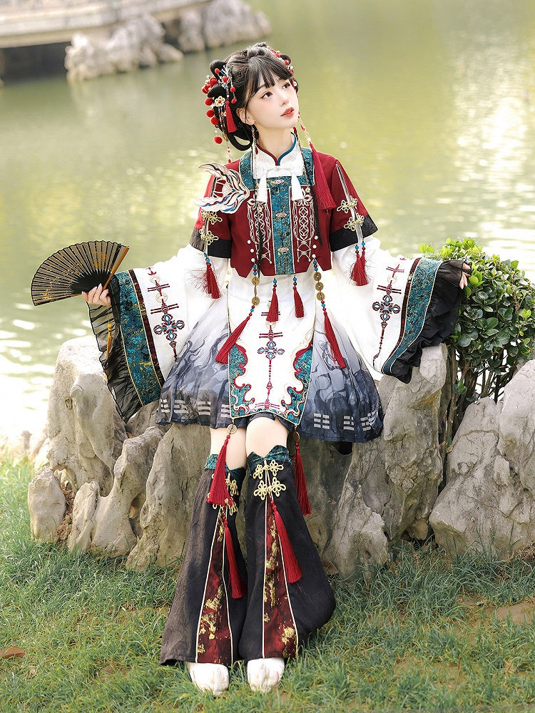 Wide Sleeves Chinese Knot Embroidery Han Lolita Dress Fox Patch Cropped Top Set - Unknown Star