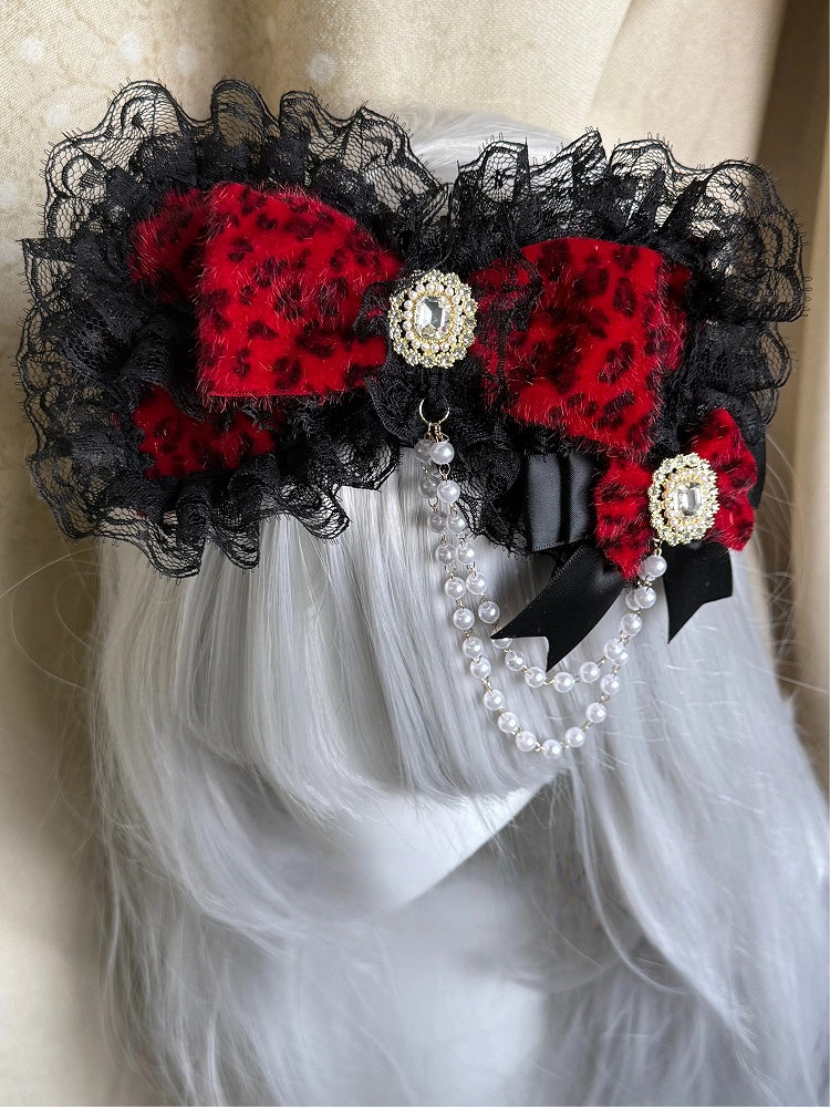 Trim Bow Chains Lace Gyaru with Black Leopard Pearl and Hairclip - Red Fashion Hime