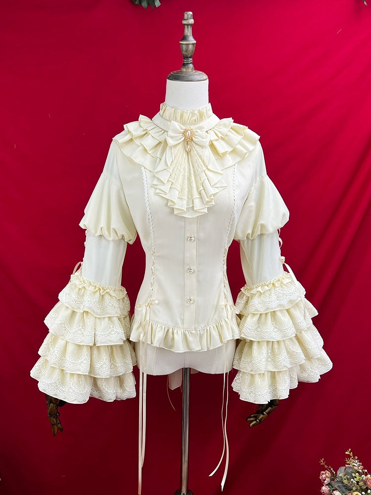 Gothic Lolita Krawattenhalsausschnitt Mehrlagige Rüschen Jabot-Ärmel Glocken-Apricot mit Hemd