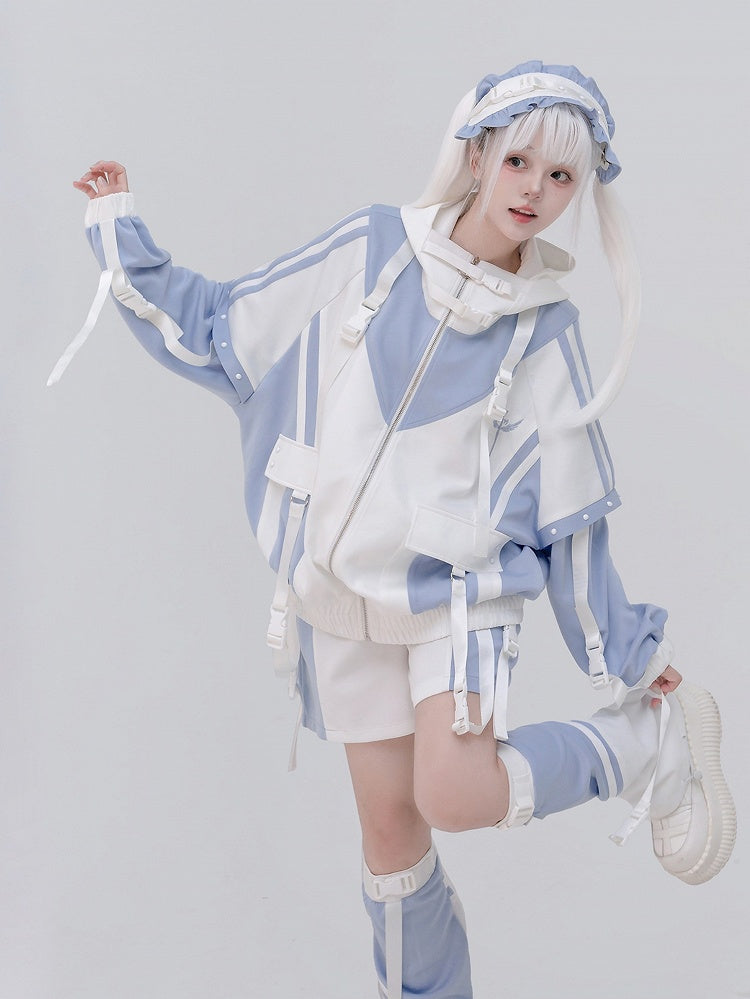 Colorblock Hellweiße, von Tenshi Kaiwai inspirierte Techwear-Jacke: Blau