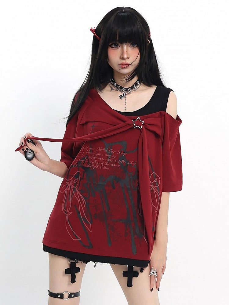Cutout Shoulder Tee with Bow Print in Red - Catwish