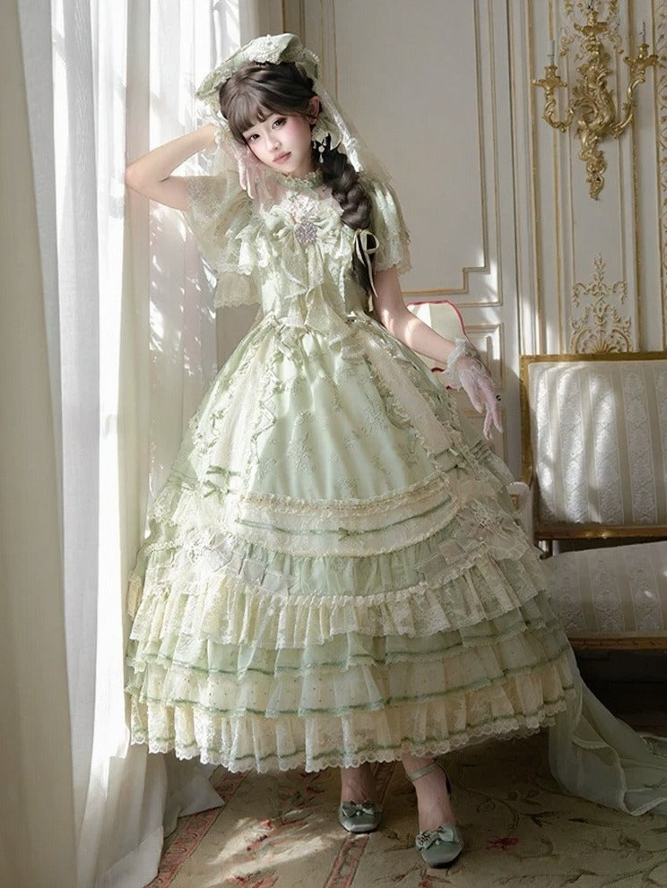 Emerald Lace-Trimmed OP Dress with Embroidered Flowers and Train - Mademoiselle Pearl