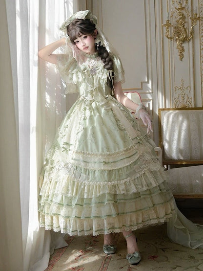Emerald Lace-Trimmed OP Dress with Embroidered Flowers and Train - Mademoiselle Pearl