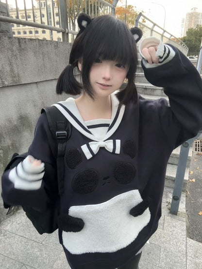 Blue Soft Sailor Adorable Navy Collar with Panda Embroidery Sweatshirt
