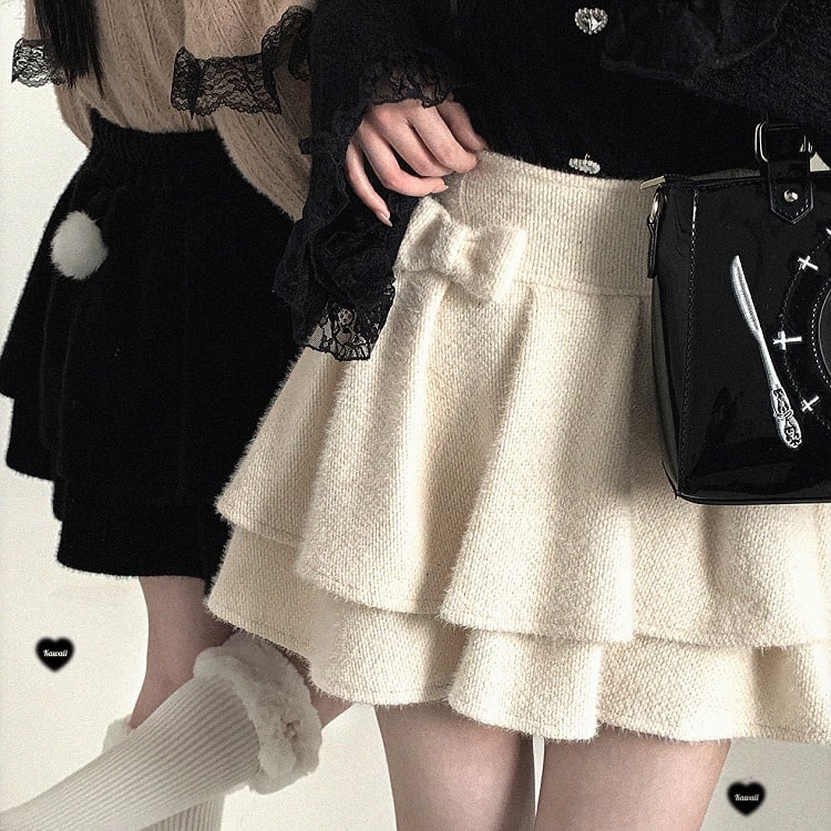 Double-Layer Pom-Pom Bow Skirt Jirai Kei Pink/Black/Off-White Ruffle Decor
