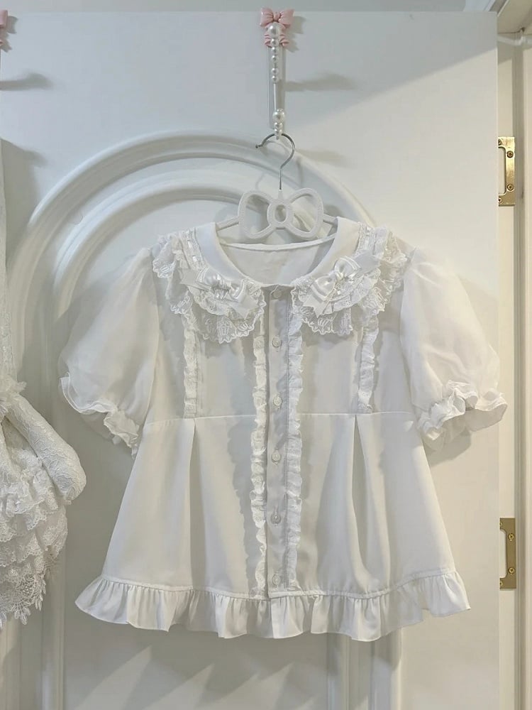 Weißes Lolita-Hemd mit kurzem Kragen und flachen Ärmeln